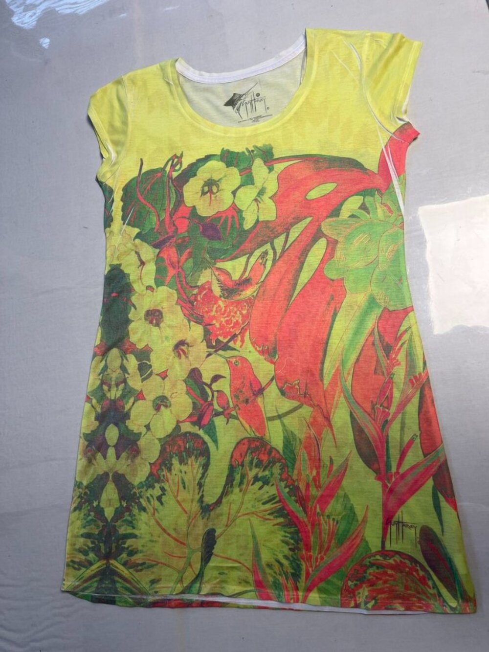 Guy Harvey Tropical Fish Print Dress Yellow Green Short Sleeve Medium - Picture 11 of 11